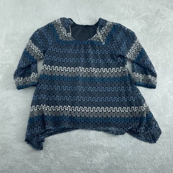Notations Womens Lace Overlay Tunic Top XL Blue & Gray Striped 3/4 Sleeves 5185 - Picture 1 of 9